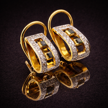 18K Yellow Gold Natural Diamond & Tourmaline Necklace & Earrings Set | Pavé Halo Geometric Rectangular Jewelry