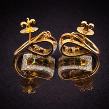 18K Yellow Gold Natural Diamond & Tourmaline Necklace & Earrings Set | Pavé Halo Geometric Rectangular Jewelry