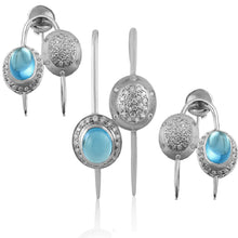 18K White Gold Earring Pendant with Natural Round Diamond & Blue Topaz Cabochon Spearhead Needle Drop Jewellery Set