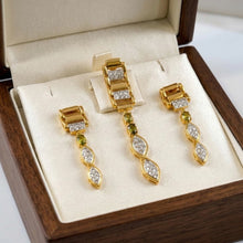 18K Yellow Gold Natural Diamond & Tourmaline Drop Pendant & Earrings Set | Marquise & Bar Settings Jewelry