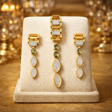 18K Yellow Gold Natural Diamond & Tourmaline Drop Pendant & Earrings Set | Marquise & Bar Settings Jewelry