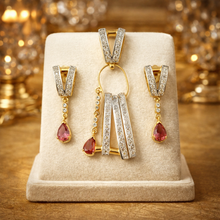 18K Yellow Gold Natural Diamond & Pink Tourmaline Pendant & Earrings Set | Geometric Linear Bar Jewelry