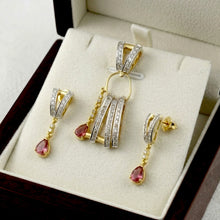 18K Yellow Gold Natural Diamond & Pink Tourmaline Pendant & Earrings Set | Geometric Linear Bar Jewelry