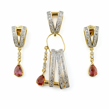 18K Yellow Gold Natural Diamond & Pink Tourmaline Pendant & Earrings Set | Geometric Linear Bar Jewelry