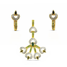 18K Yellow Gold Natural Diamond, Tourmaline & Tsavorite Pendant & Earrings Set | Heart Motif Botanical Jewelry