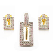 18K Two-Tone Gold | Natural Diamond & Pink Sapphire Pendant & Earrings Set | Geometric Pavé Jewelry