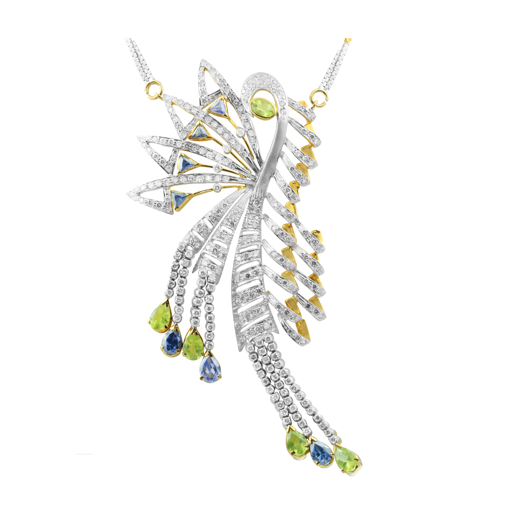 18K Yellow Gold Necklace Earring Chain with Diamond Peridot Tanzanite Natural Gemstones Peacock Jewellery Set