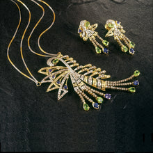 18K Yellow Gold Necklace Earring Chain with Diamond Peridot Tanzanite Natural Gemstones Peacock Jewellery Set