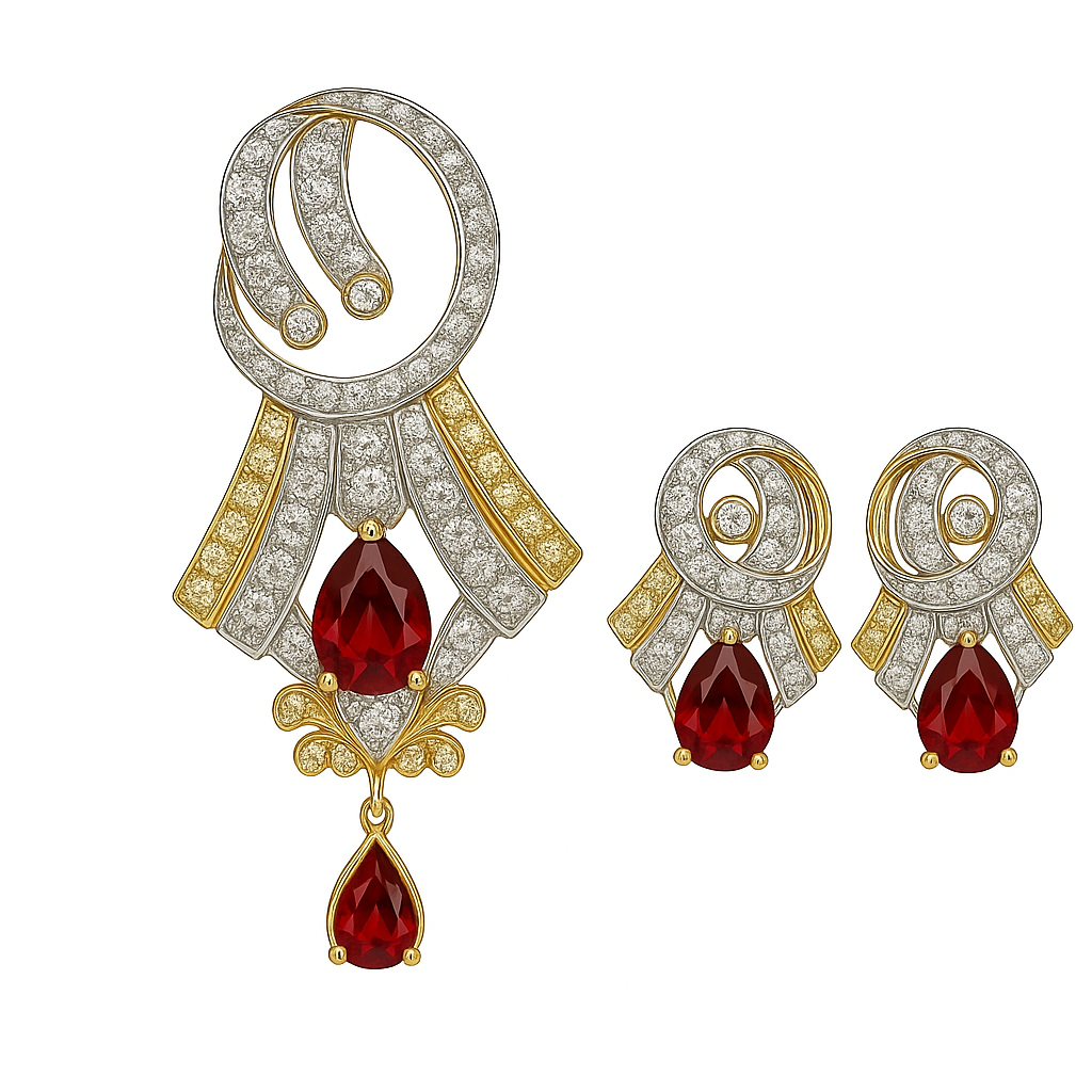 18K Yellow Gold Pendant Earring with Garnet & Natural Diamonds Jewellery Set