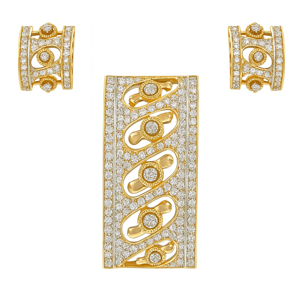 18K Yellow Gold Pendant Earring with Diamond Natural Contemporary Geometric Jewellery Set