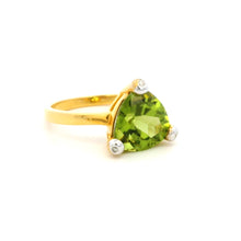 18K Yellow Gold Trillion-Cut Natural Peridot Ring | Diamond Accent Solitaire | Classic August Birthstone Fine Jewelry