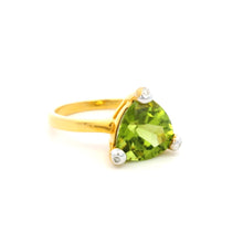 18K Yellow Gold Trillion-Cut Natural Peridot Ring | Diamond Accent Solitaire | Classic August Birthstone Fine Jewelry