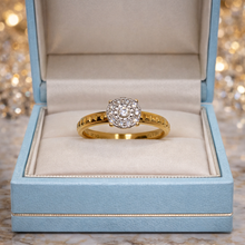 18K Rose Gold Vintage Diamond Halo Ring | Round Cluster Center | Classic Textured Pattern Band - Ring