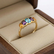 9K Yellow Gold Bezel-Set Five-Stone Ring | Natural Citrine, Amethyst & Swiss Blue Topaz | Victorian Half Eternity