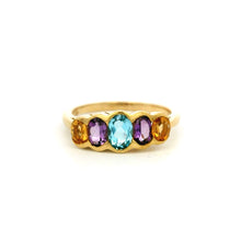 9K Yellow Gold Victorian Five-Stone Ring | Bezel-Set Citrine, Amethyst & Swiss Blue Topaz | Elegant Half Eternity Style