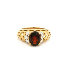 9K Yellow Gold Vintage Statement Ring | Natural Oval Garnet & Diamond Accent Filigree Band | Classic Design