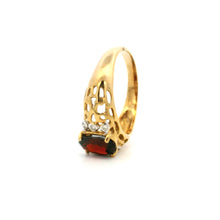 9K Yellow Gold Vintage Statement Ring | Natural Oval Garnet & Diamond Accent Filigree Band | Classic Design