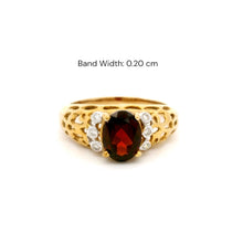 9K Yellow Gold Vintage Statement Ring | Natural Oval Garnet & Diamond Accent Filigree Band | Classic Design