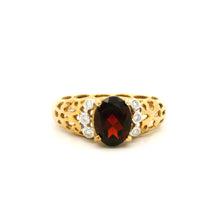 9K Yellow Gold Vintage Statement Ring | Natural Oval Garnet & Diamond Accent Filigree Band | Classic Design