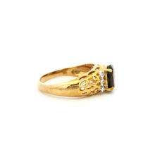 9K Yellow Gold Vintage Statement Ring | Natural Oval Garnet & Diamond Accent Filigree Band | Classic Design