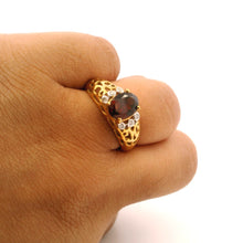 9K Yellow Gold Vintage Statement Ring | Natural Oval Garnet & Diamond Accent Filigree Band | Classic Design