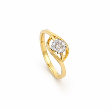 18K Yellow Gold Diamond Flower Cluster Ring | Eight-Stone Halo Design | Elegant Bypass Swirl Band