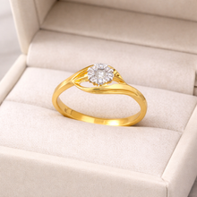 18K Yellow Gold Diamond Flower Cluster Ring | Eight-Stone Halo Design | Elegant Bypass Swirl Band