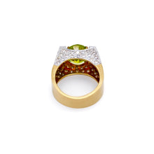 18K Two-Tone Gold Art Deco Statement Ring | Natural Oval Peridot & Diamond Accents | Geometric Cocktail Band