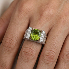 18K Two-Tone Gold Art Deco Statement Ring | Natural Oval Peridot & Diamond Accents | Geometric Cocktail Band