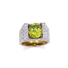 18K Two-Tone Gold Art Deco Statement Ring | Natural Oval Peridot & Diamond Accents | Geometric Cocktail Band