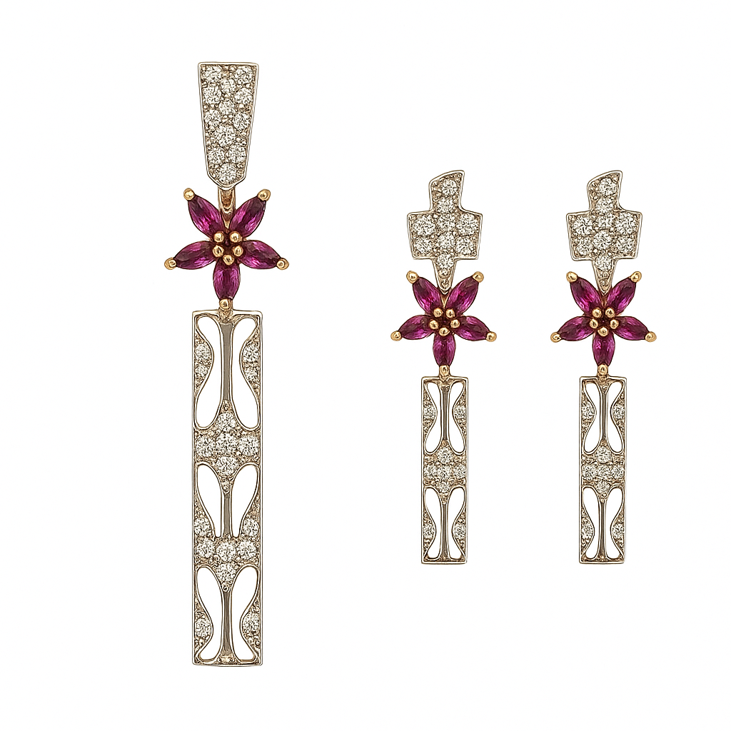 18K Yellow Gold Pendant Earring with Natural Diamond & Rhodolite Jewellery Set