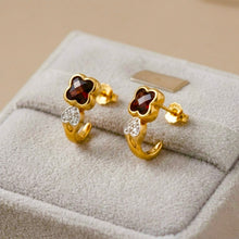 14K Yellow Gold Natural Garnet & Diamond Clover Motif Earrings | Twisted Gold Chic Design