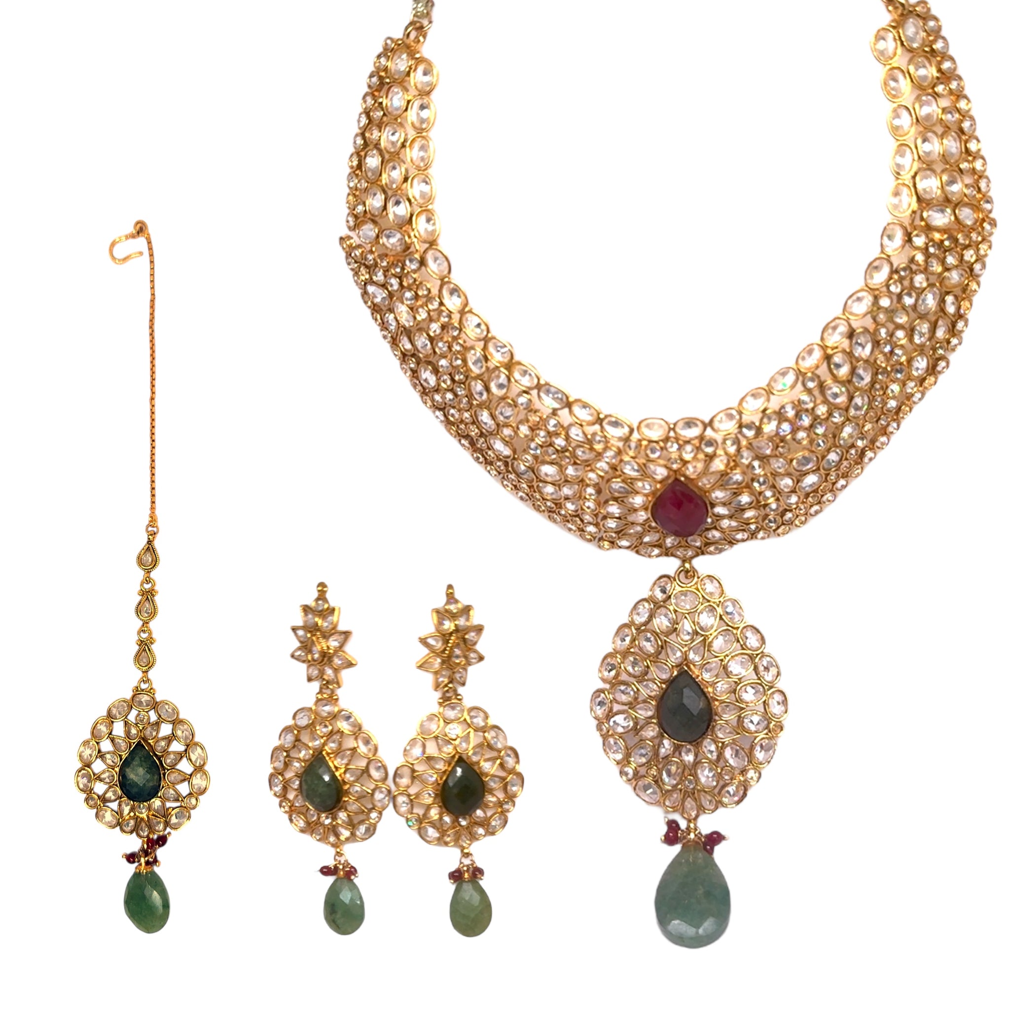 Royal Traditional Necklace, Earring with Ear Chain and Tikka Gold Plated Indian Bridal Jewellery Set