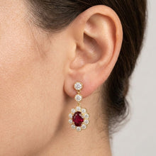 18K Yellow Gold Drop Statement Earrings | Natural Ruby & Diamond Floral Halo | Vintage Jewelry