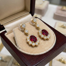 18K Yellow Gold Drop Statement Earrings | Natural Ruby & Diamond Floral Halo | Vintage Jewelry