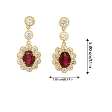18K Yellow Gold Drop Statement Earrings | Natural Ruby & Diamond Floral Halo | Vintage Jewelry