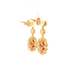 18K Yellow Gold Drop Statement Earrings | Natural Ruby & Diamond Floral Halo | Vintage Jewelry