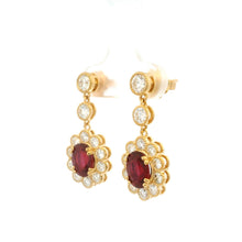 18K Yellow Gold Drop Statement Earrings | Natural Ruby & Diamond Floral Halo | Vintage Jewelry