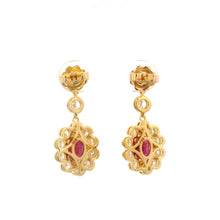18K Yellow Gold Drop Statement Earrings | Natural Ruby & Diamond Floral Halo | Vintage Jewelry