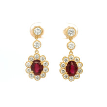 18K Yellow Gold Drop Statement Earrings | Natural Ruby & Diamond Floral Halo | Vintage Jewelry