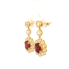 18K Yellow Gold Drop Statement Earrings | Natural Ruby & Diamond Floral Halo | Vintage Jewelry