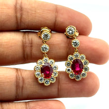 18K Yellow Gold Drop Statement Earrings | Natural Ruby & Diamond Floral Halo | Vintage Jewelry