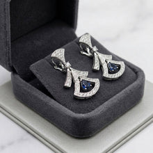 18K White Gold | Natural Blue Sapphire & Diamond Drop Earrings | Art Deco Fan Design | Opulent Bridal Jewelry