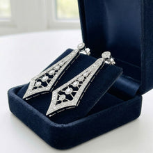 18K White Gold Natural Diamond Art Deco Drop Earrings | Vintage Geometric Statement Jewelry
