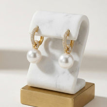 18K Yellow Gold Natural Pearl and Diamond 'C' Drop Hoop Earrings | Timeless Classic Minimalist Jewelry