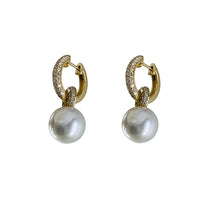 18K Yellow Gold Natural Pearl and Diamond 'C' Drop Hoop Earrings | Timeless Classic Minimalist Jewelry