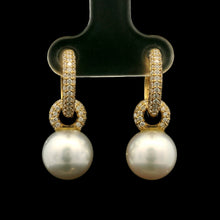 18K Yellow Gold Natural Pearl and Diamond 'C' Drop Hoop Earrings | Timeless Classic Minimalist Jewelry