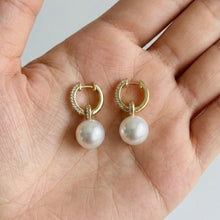 18K Yellow Gold Natural Pearl and Diamond 'C' Drop Hoop Earrings | Timeless Classic Minimalist Jewelry