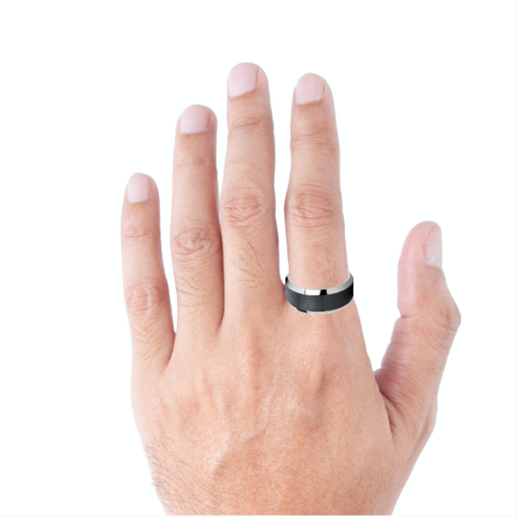 Tungsten Ring Black Satin Center Stripe Silver Beveled Edges Band