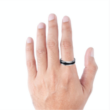 Tungsten Ring Flat Polished Black Center And Silver Beveled Edges Band